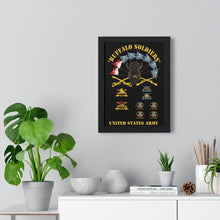 Load image into Gallery viewer, Premium Framed Vertical Poster - Buffalo Soldiers - Infantry - Cavalry Guidons with Buffalo Head and Unit Crests - US Army