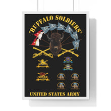 Load image into Gallery viewer, Premium Framed Vertical Poster - Buffalo Soldiers - Infantry - Cavalry Guidons with Buffalo Head and Unit Crests - US Army