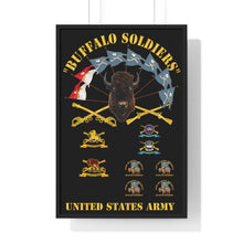Load image into Gallery viewer, Premium Framed Vertical Poster - Buffalo Soldiers - Infantry - Cavalry Guidons with Buffalo Head and Unit Crests - US Army