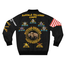 Load image into Gallery viewer, Men's AOP Bomber Jacket - Army - Cavalry and Infantry Regiments of the "Buffalo Soldiers" - American History