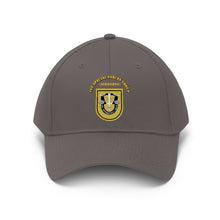 Load image into Gallery viewer, Unisex Twill Hat - 1st Special Forces Group (SFG) (Airborne) Flash with Crest with Text - Direct to Garment (DTG) - Printed