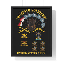 Load image into Gallery viewer, Premium Framed Vertical Poster - Buffalo Soldiers - Infantry - Cavalry Guidons with Buffalo Head and Unit Crests - US Army