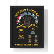 Load image into Gallery viewer, Premium Framed Vertical Poster - Buffalo Soldiers - Infantry - Cavalry Guidons with Buffalo Head and Unit Crests - US Army