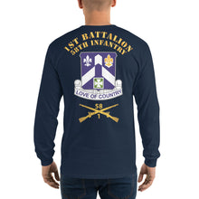 Load image into Gallery viewer, Men’s Long Sleeve Shirt - B Co, 1st Battalion, 58th Infantry Guidon Front, Crest Back with 1/58 Branch