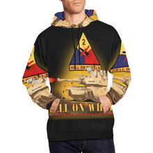 Load image into Gallery viewer, Men&#39;s All Over Print Hoodie (USA Size) (Model H13) - 2nd Armored Division - M1A1 Tank - Hell on Wheels w Fire
