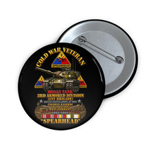 Load image into Gallery viewer, Custom Pin Buttons - Army - Cold War Vet -  3rd Armored Division  - Gelnhausen, Germany - M60A3 Tank  - Spearhead w Fire - 3D - Enhanced
