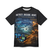 Load image into Gallery viewer, Detect, Decide, Deny — All-Over Print - Drone Warfare Tee
