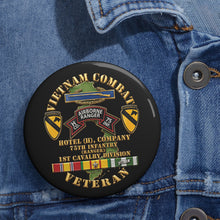 Load image into Gallery viewer, Custom Pin Buttons - Army - Vietnam Combat Vet - H Co 75th Infantry (Ranger) - 1st Cavalry Div SSI  - 3D - Enhanced
