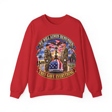Load image into Gallery viewer, Crewneck Sweatshirt - Emblem - We Will Always Remember - They Gave Everything - 3D - Enhanced
