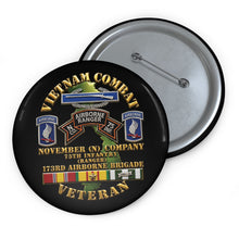 Load image into Gallery viewer, Custom Pin Buttons - Army - Vietnam Combat Vet - N Co 75th Infantry (Ranger) - 173rd Airborne Bde SSI - 3D - Enhanced
