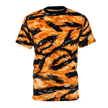 Load image into Gallery viewer, Unisex Cut &amp; Sew Tee (AOP) - Orange Tiger-stripe hydrographic pattern

