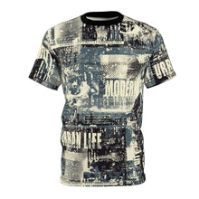Load image into Gallery viewer, Unisex Cut &amp; Sew Tee (AOP) - Urban Life - Modern City - Seamless pattern with newspaper and urban style
