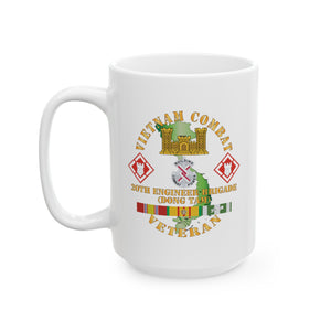 White Ceramic Mug, (11oz, 15oz) - Vietnam Combat Veteran w 20th Engineer Brigade  SSI - Dong Tam X 300