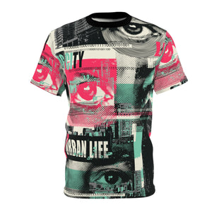 Unisex Cut & Sew Tee (AOP) - Urban Life - Big City - Abstract seamless pattern with newspaper