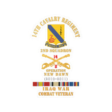 Load image into Gallery viewer, Kiss-Cut Vinyl Decals - Army - 14th Cavalry Regiment w Cav Br - 2nd Squadron - OND - 2010–2011 - Red Txt Cbt Vet w IRAQ SVC X 300
