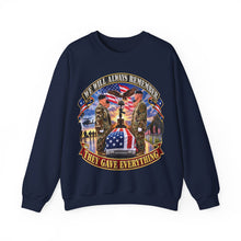 Load image into Gallery viewer, Crewneck Sweatshirt - Emblem - We Will Always Remember - They Gave Everything - 3D - Enhanced
