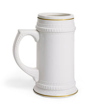 Load image into Gallery viewer, Classic Ceramic Beer Stein Mug, White Porcelain Stein with Gold Trim | German-Style Tankard
