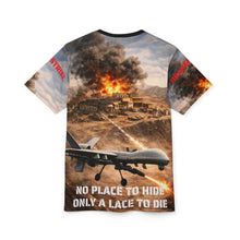 Load image into Gallery viewer, All-Over Print Tee — "Drone Strike Against Terrorist Training Facility" Graphic
