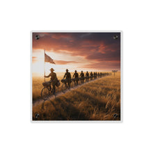 Load image into Gallery viewer, Acrylic Wall Art Panel - E Company 25th Infantry Buffalo Soldiers Bicycle Corps with Guidon on the Prairie at Sunset
