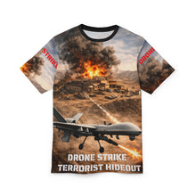 Load image into Gallery viewer, All-Over Print Tee — "Drone Strike Against Terrorist Training Facility" Graphic
