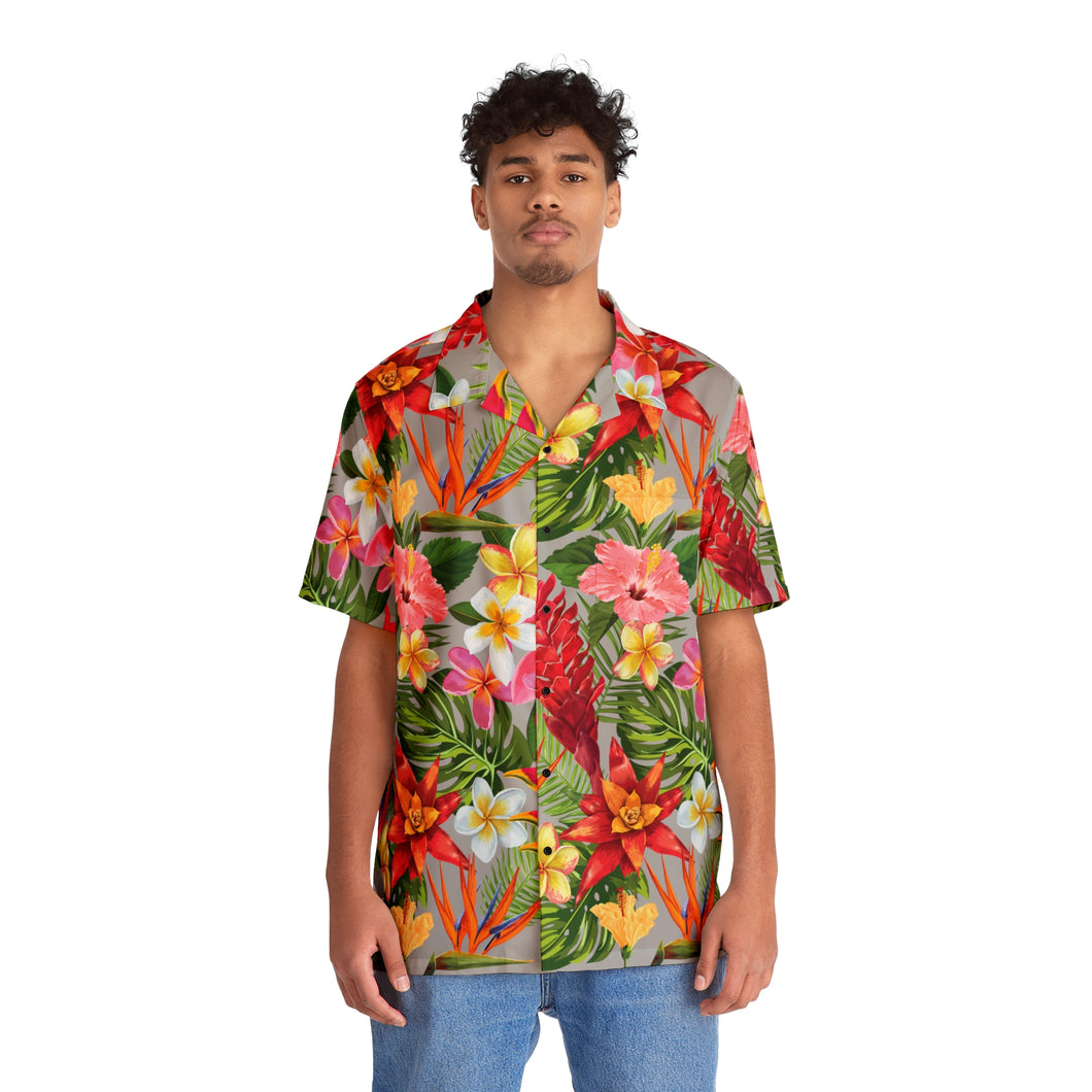 Men's Hawaiian Shirt (AOP) - Light Grey - Tropical Flowers X 300