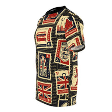 Load image into Gallery viewer, Unisex Cut &amp; Sew Tee (AOP) - United Kingdom - Seamless pattern with stamps on theme UK
