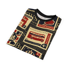 Load image into Gallery viewer, Unisex Cut &amp; Sew Tee (AOP) - United Kingdom - Seamless pattern with stamps on theme UK
