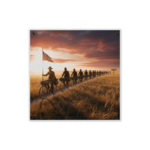 Load image into Gallery viewer, Acrylic Wall Art Panel - E Company 25th Infantry Buffalo Soldiers Bicycle Corps with Guidon on the Prairie at Sunset
