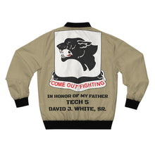 Load image into Gallery viewer, 761st Tank Battalion "Come Out Fighting " Tribute Bomber Jacket — Backside - TECH 5 DAVID J. WHITE, SR
