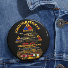 Load image into Gallery viewer, Custom Pin Buttons - Army - Cold War Vet -  3rd Armored Division  - Gelnhausen, Germany - M60A3 Tank  - Spearhead w Fire - 3D - Enhanced
