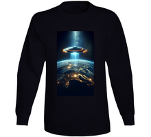 Load image into Gallery viewer, Alien Spaceship Flying Above The Earth Long Sleeve T Shirt
