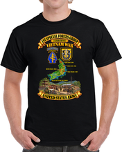 Load image into Gallery viewer, 1st Special Forces Group w Flash - SSI - Vietnam Map w Selected Team Locations - A Camp Scene - 3D - Transparent T Shirt
