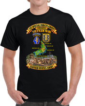 Load image into Gallery viewer, 1st Special Forces Group w Flash - SSI - Vietnam Map w Selected Team Locations - A Camp Under Attack - 3D - Transparent T Shirt
