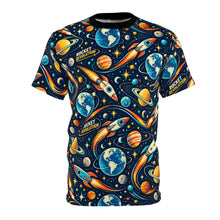 Load image into Gallery viewer, Retro Rocket Space Tee — All-Over Planet &amp; Rocket Print

