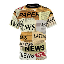 Load image into Gallery viewer, Unisex Cut &amp; Sew Tee (AOP) - Todays News - Press - Randomly scattered scraps of old newspapers
