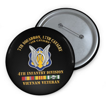 Load image into Gallery viewer, Custom Pin Buttons - Army - 7th Squadron - 17th Cavalry - 4th ID - Vietnam Vet w SVC Ribbon - 3D X 300
