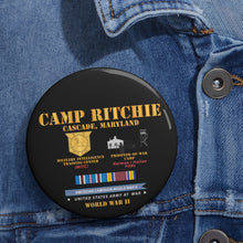 Load image into Gallery viewer, Custom Pin Buttons - Camp Ritchie - Cascade, Maryland - MITC, POW Camp w SVC AMCAM - WWII X 300
