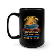 Load image into Gallery viewer, Black Mug 15oz - Navy - T-38 - Devil Ray - Night Fishing for Bad Guys - Middle East w Fire X 300
