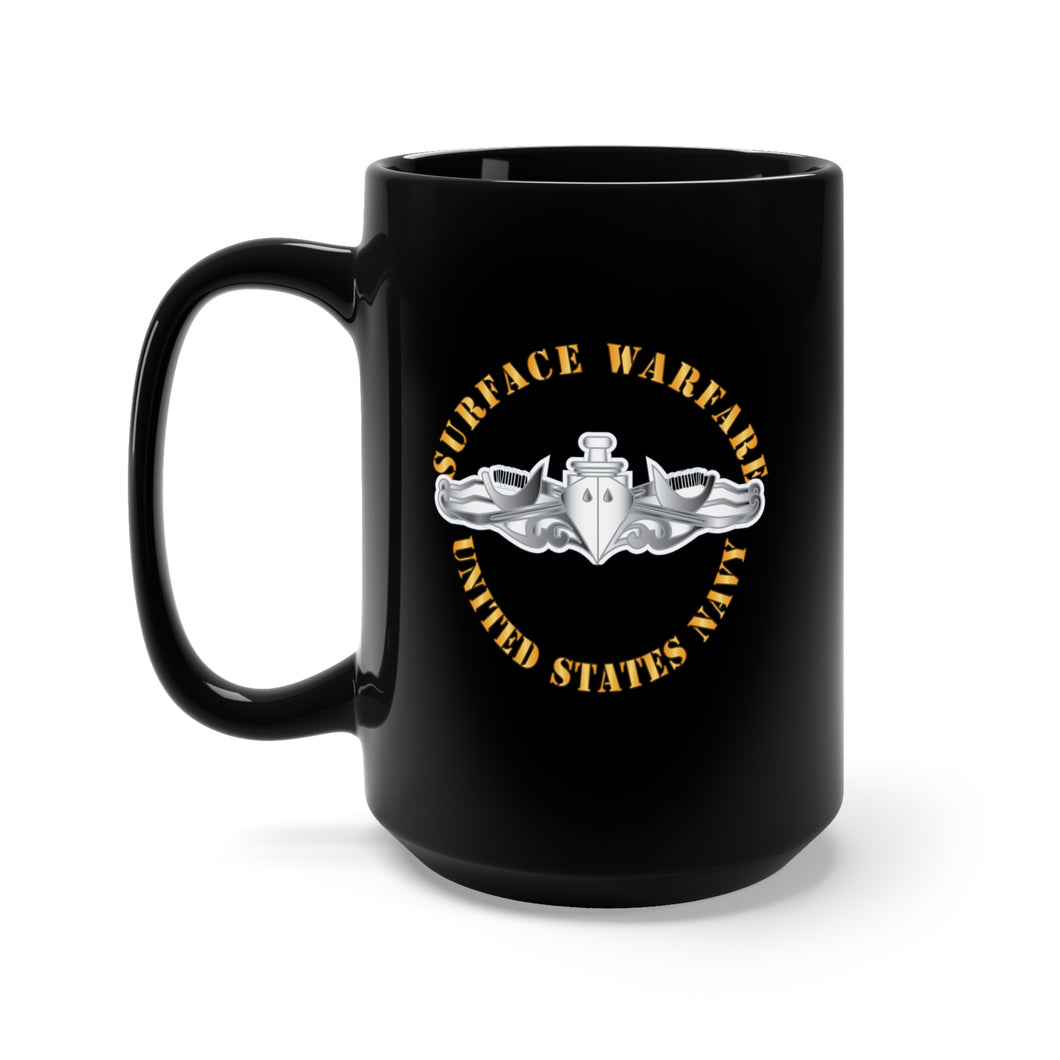 Black Mug 15oz - Navy - Surface Warfare Badge - Silver X 300