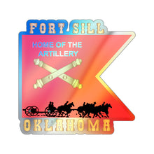 Load image into Gallery viewer, Holographic Die-cut Stickers - Fort SIll, Home of Artillery Guidon w Cassion - Black X 300
