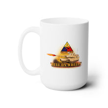 Load image into Gallery viewer, White Mug 15oz - Army - 2nd Armored Division  - M1A1 Tank  - Hell on Wheels w Fire X 300
