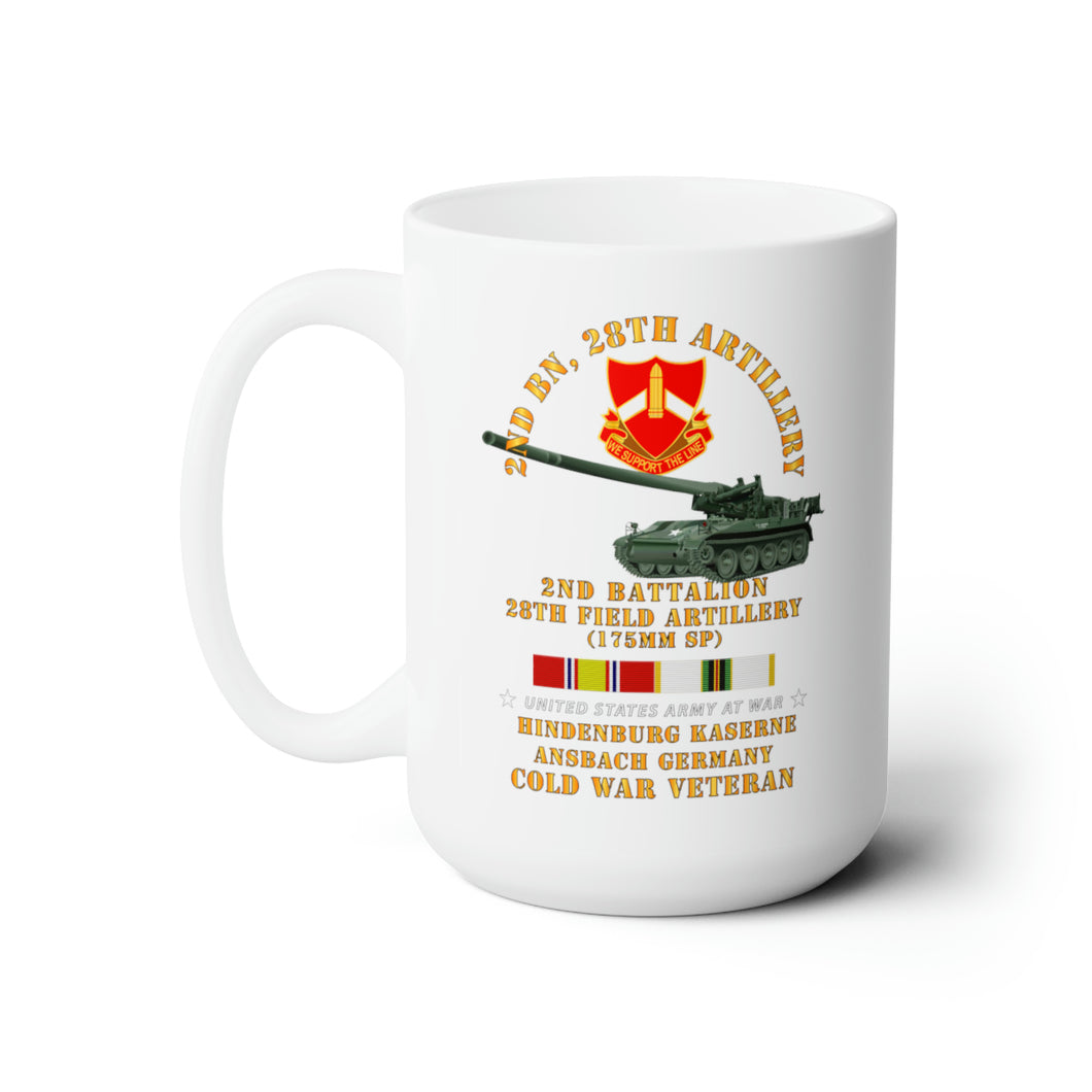 White Ceramic Mug 15oz - Army - 2nd Bn 28th Artillery - 175mm - Hindenburg Ansbach Germany  w COLD SVC