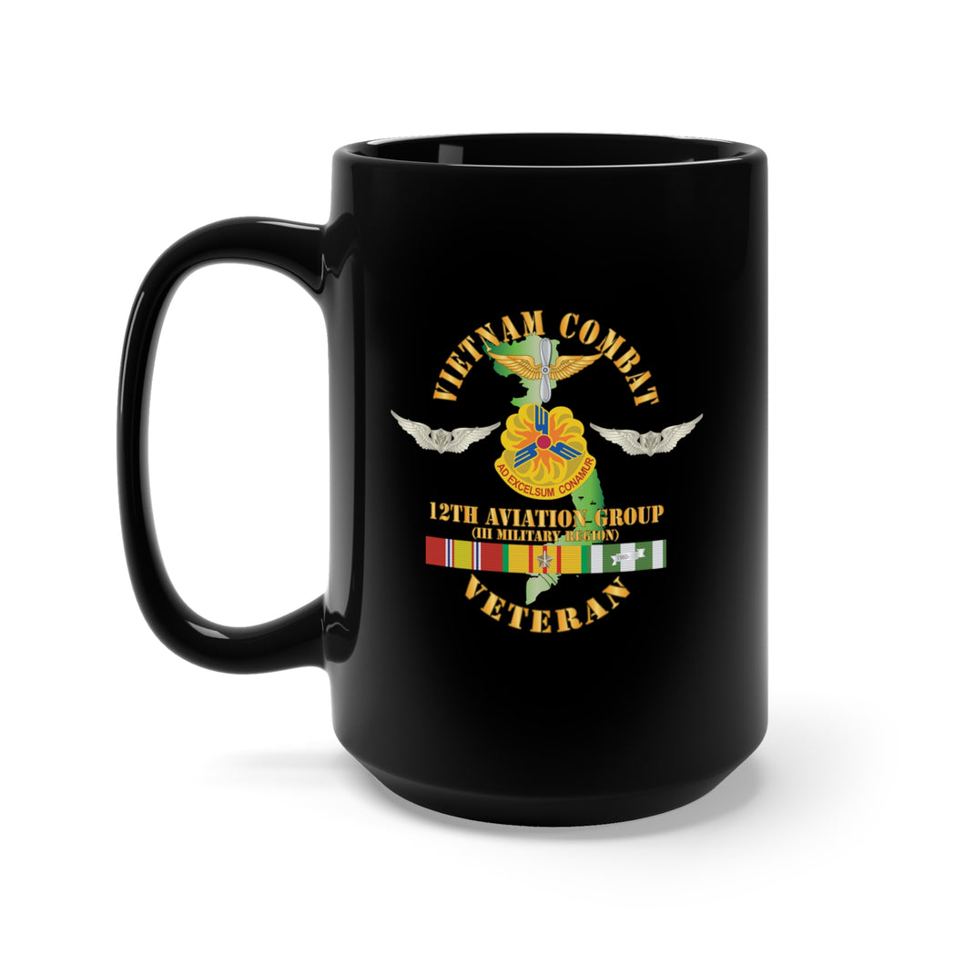 Black Mug 15oz - Vietnam Combat Aviation Vet w Air Crew Badge - 12th  AVN GroupI Mil Region III w SVC X 300