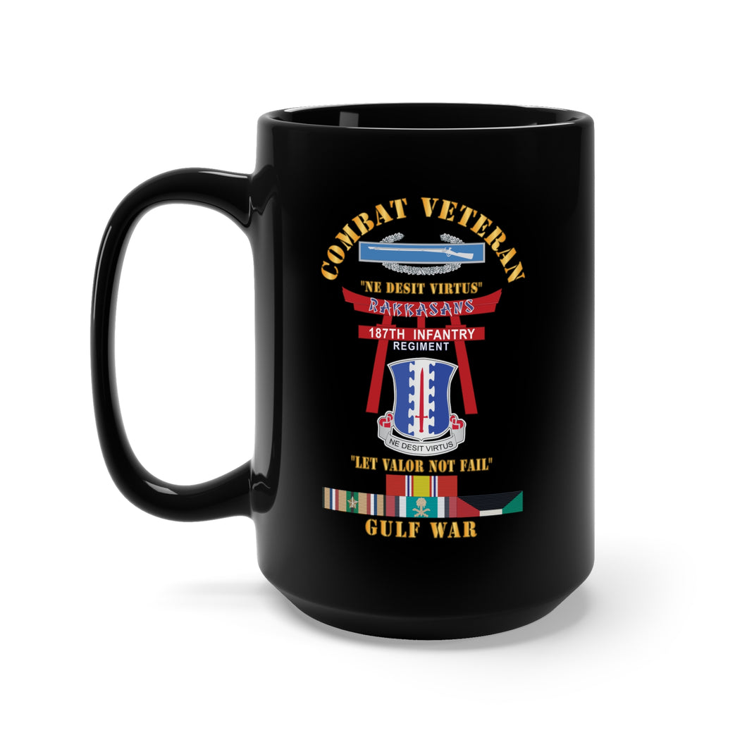 Black Mug 15oz - Army - Combat Veteran - 187th Infantry Regiment - Torii, Rakkasans, Let Valor Not Fail, English, Latin w CIB w GULF SVC X 300