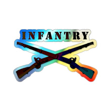 Load image into Gallery viewer, Holographic Die-cut Stickers - Infantry Br - Crossed Rifles Blk w Txt
