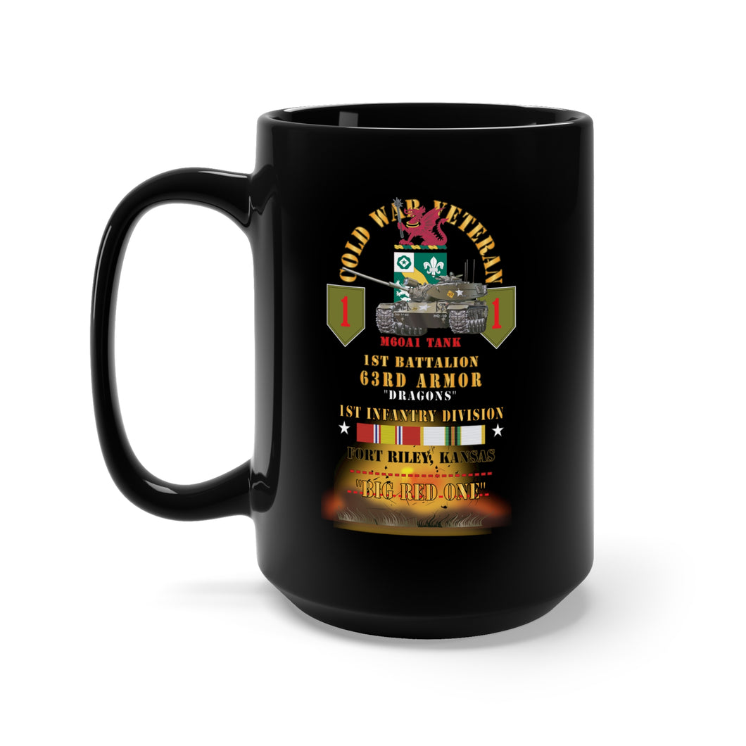 Black Mug 15oz - Army - Cold War Vet - 1st Bn 63rd Armor - 1st Inf Div - Fort Riley, Kansas - M60A1 Tank  - BRO w COLD SVC X 300