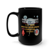 Load image into Gallery viewer, Black Mug 15oz - Fort Liberty North Carolina - US Army Special Operations Command (Usasoc) - SSI - DUI w 3 Parachutes X 300
