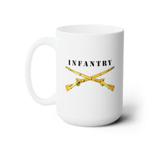 Load image into Gallery viewer, White Ceramic Mug 15oz - Army - Infantry Br - Crossed Rifles w  Blk Txt White Outline
