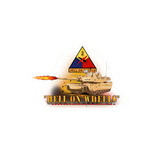 Load image into Gallery viewer, Kiss-Cut Vinyl Decals - Army - 2nd Armored Division  - M1A1 Tank  - Hell on Wheels w Fire X 300
