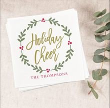 Load image into Gallery viewer, Holiday Cheer Wreath Gold Script Napkins - Solomon Koonce - Celebrating 200 Years - Sold in Sets of 50
